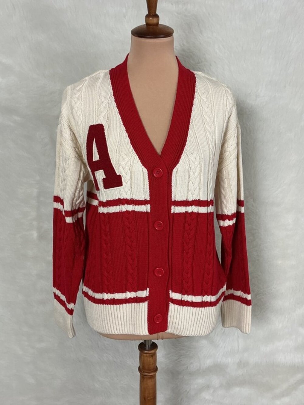 Anthropologie Maeve Ivory Red Oversized Varsity Letterman Cardigan Sweater XXS